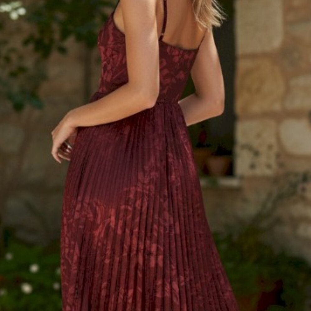 Lulus Chic Sensibility Burgundy Satin Jacquard Pleated Midi Dress Size XL New - Picture 8 of 12